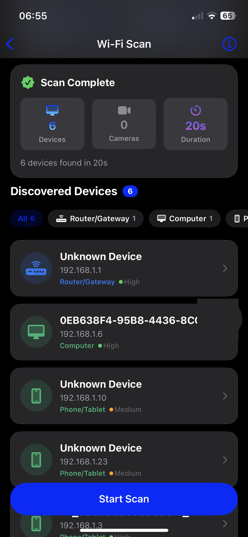 SafeScan Wi-Fi scan result showing 0 cameras found